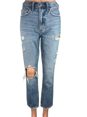 High-Rise Distressed Straight Leg Jeans - Light Blue